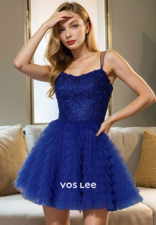 A-Line Spaghetti Straps Sleeveless Lace Tulle Homecing Dress