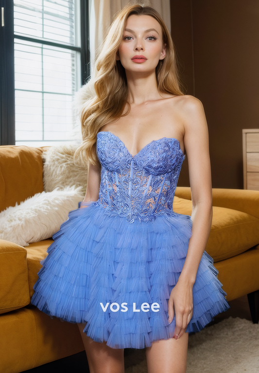 A-Line Sweetheart Iluusion Strapless Sleeveless Lace Tulle Homecing Dress with Appliques