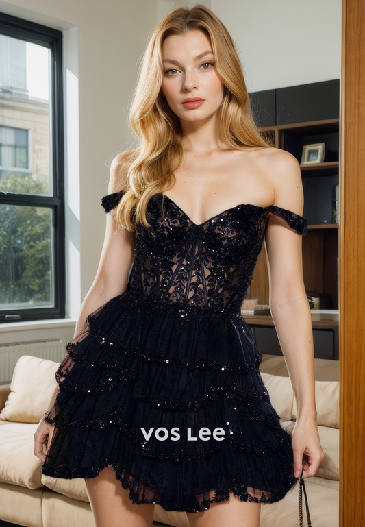 A-Line Sweetheart Iluusion Off Shoulder Lace Tulle Homecing Dress with Appliques