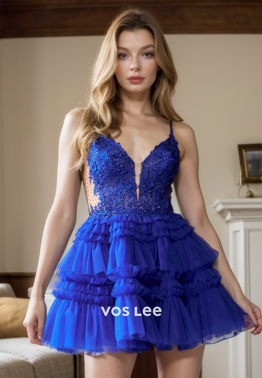 A-Line V-Neck Illusion Spaghetti Straps Lace Tulle Homecing Dress with Appliques and Sequins