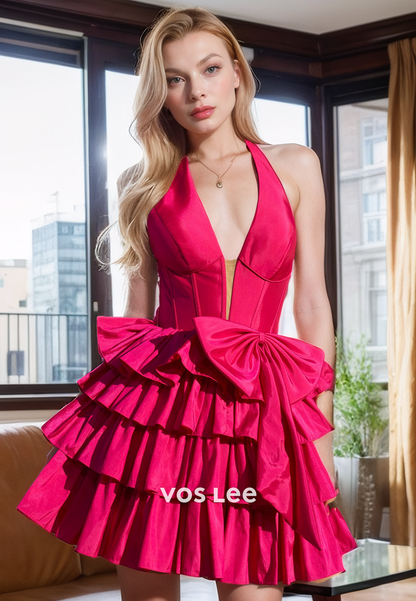 Pretty A-Line V Neck Tiered Formal Homecoming Dress Halter Fuchsia Mini Party Dresses