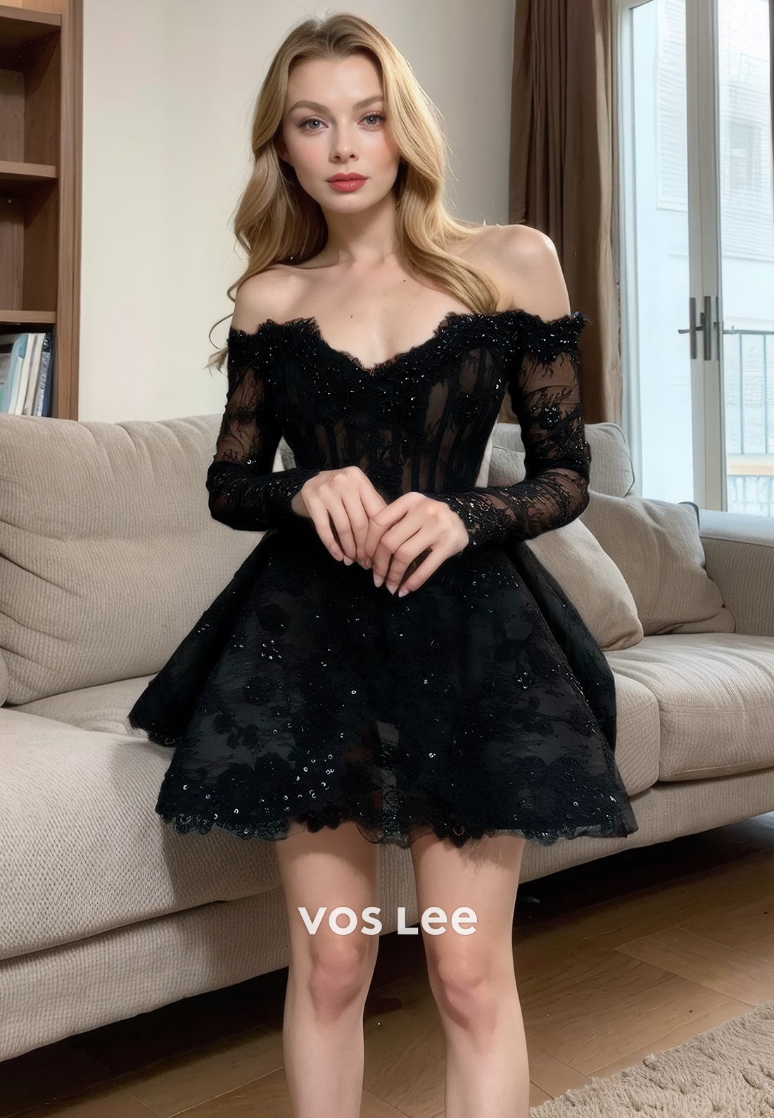 Charming Sweetheart Lace A-Line Night Party Dress Black Mini Full Sleeves Homecoming Dress