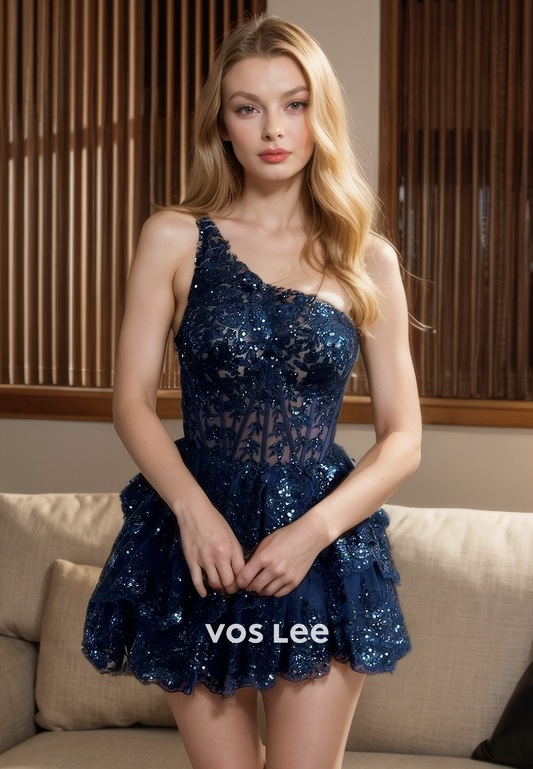 Luxurious One Shoulder Dark Navy Lace Homecoming Dresses Sleeveless Mini Cocktail Dress