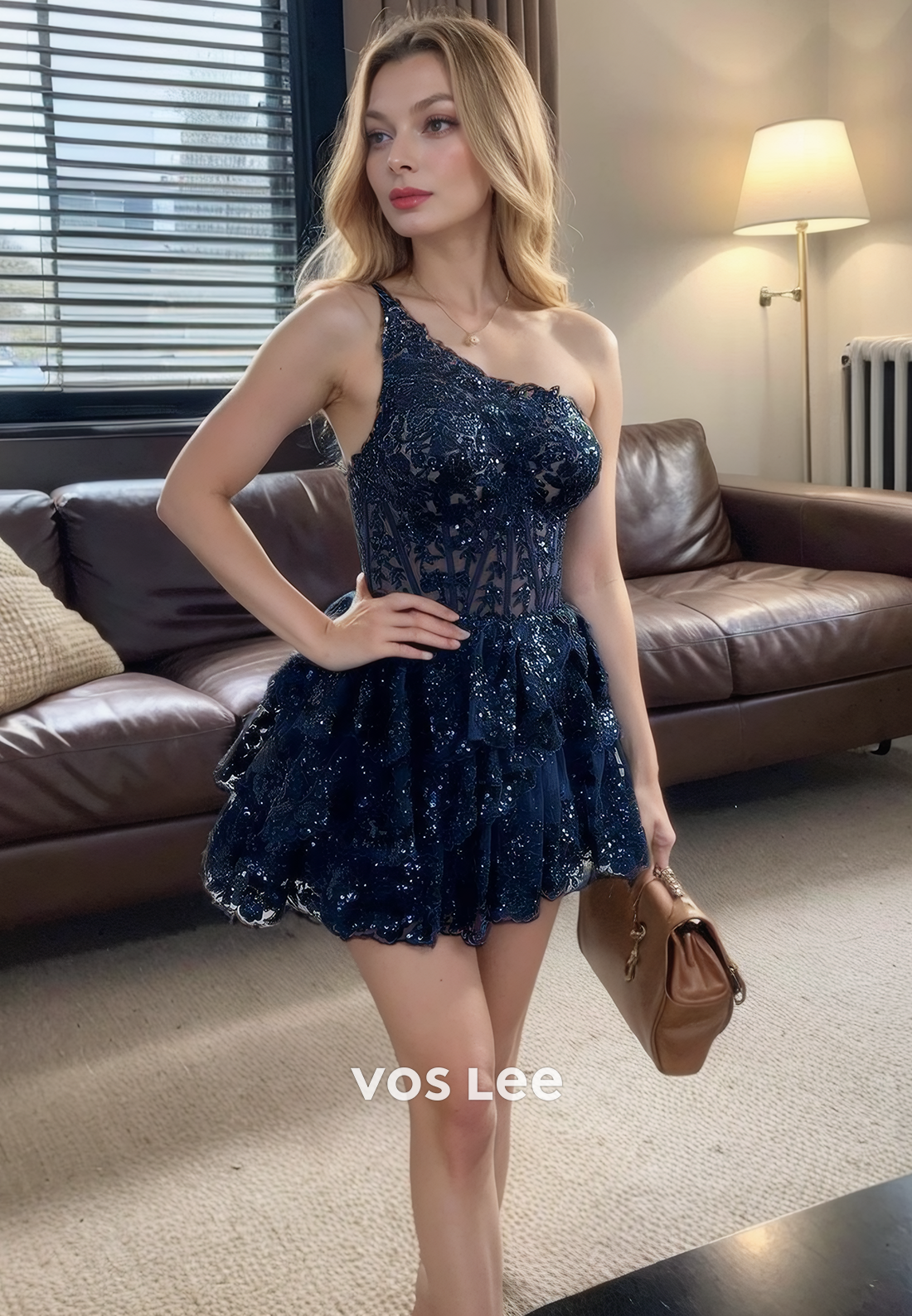 Luxurious One Shoulder Dark Navy Lace Homecoming Dresses Sleeveless Mini Cocktail Dress