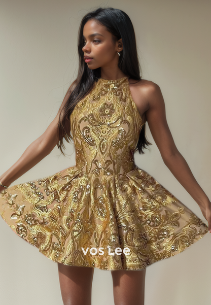 Charming Halter Backless Mini Party Dress Gold Elegant Homecoming Dresses