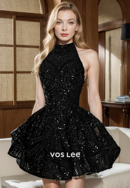 A-Line Black Halter Short Sparkly Sequins Formal Homecoming Dress