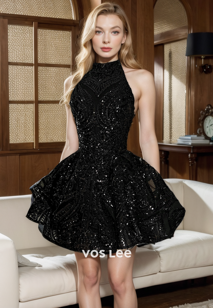 A-Line Black Halter Short Sparkly Sequins Formal Homecoming Dress