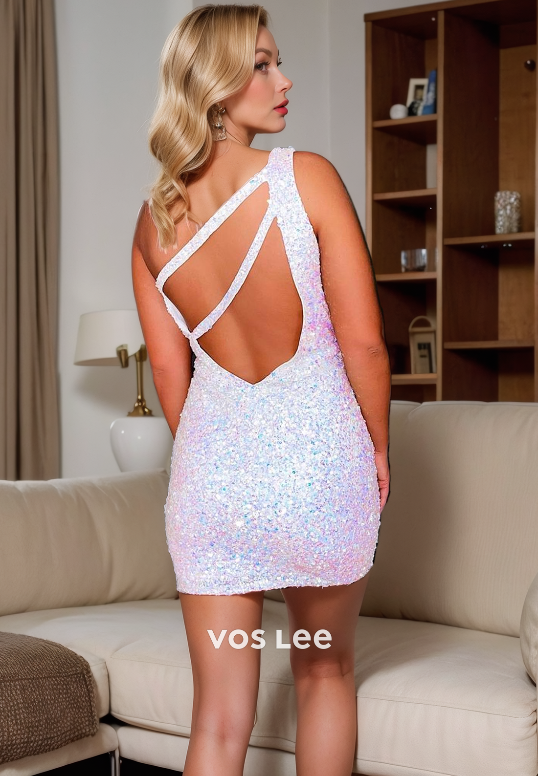 Sparkly One Shoulder Sequins Mini Backless Luxury Homecoming Dress