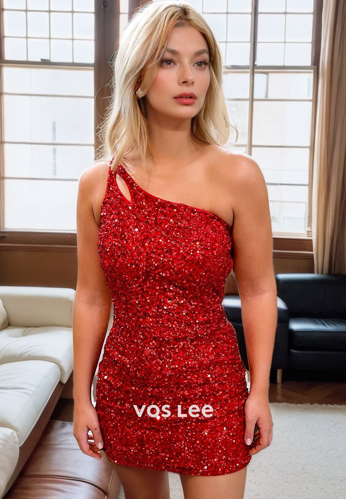 Red Sparkly Sequins Mini One Shoulder Homecoming Dress Backless Sleeveless Cocktail Dresses