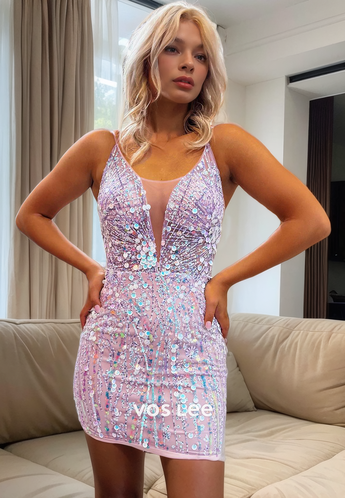 Gorgeous V Neck Lilac Spaghetti Straps Sequins Homecoming Dresses Zipper Back