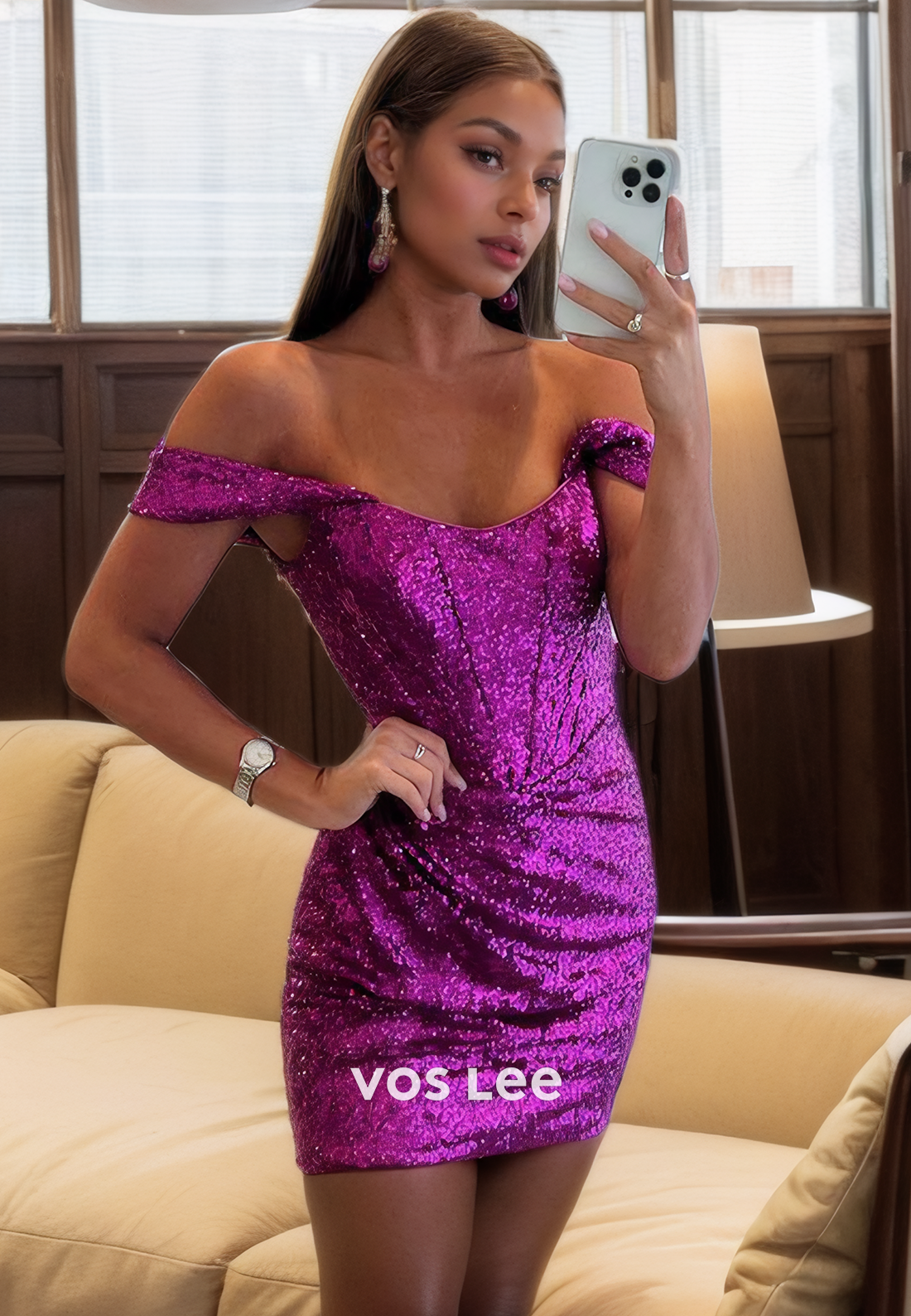 Classy Scoop Off-Shoulder Orchid Zipper Back Sparkly Homecoming Dress