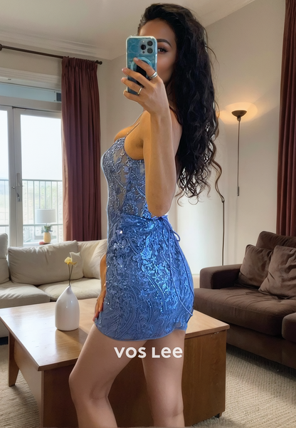 Luxury Coumn Blue Scoop Spaghetti Straps Lace Corset Back Homecoming Dress