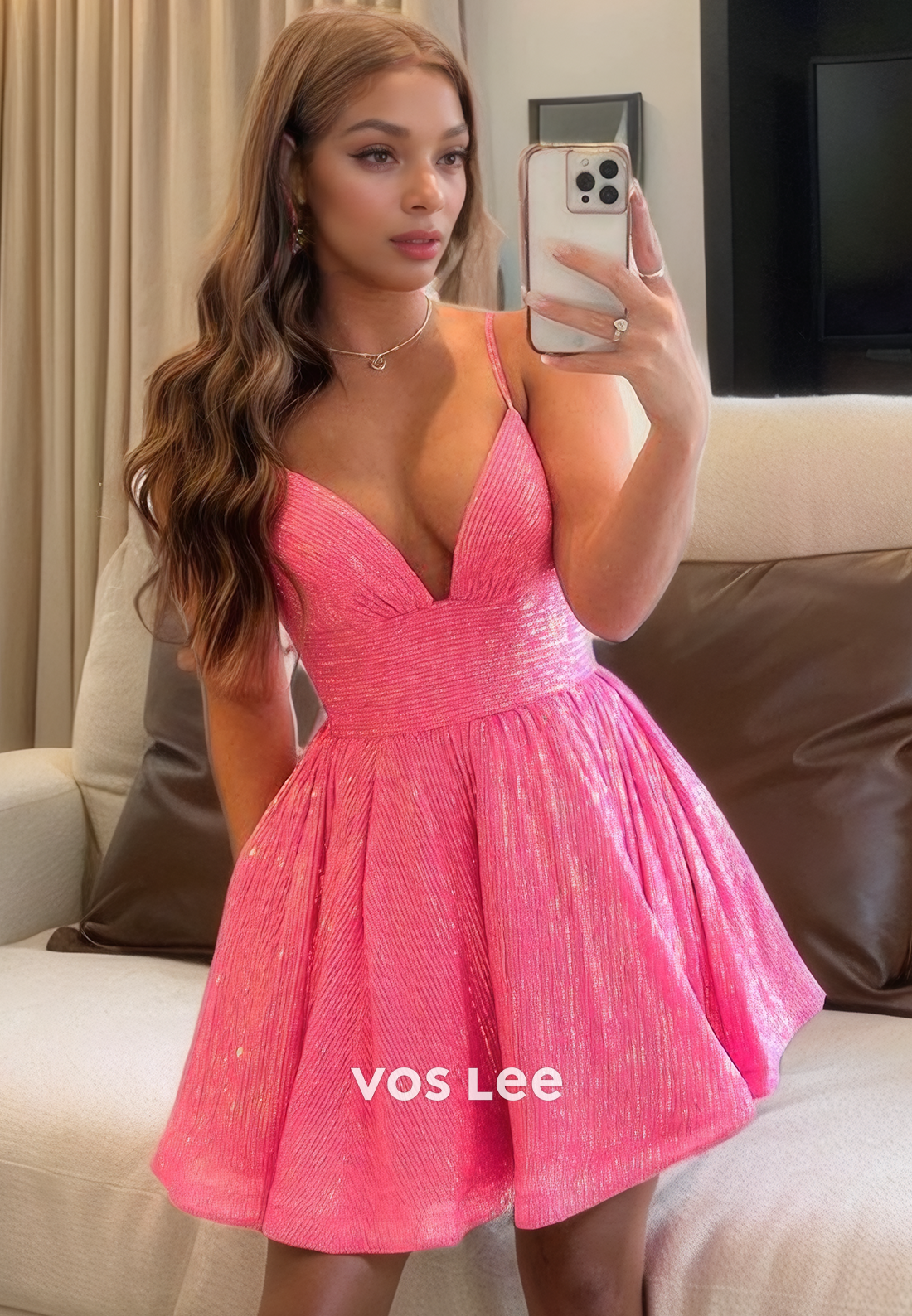 Charming Flamingo V Neck A-Line Homecoming Dress Lace Up Cocktail Dress with Spaghetti Straps