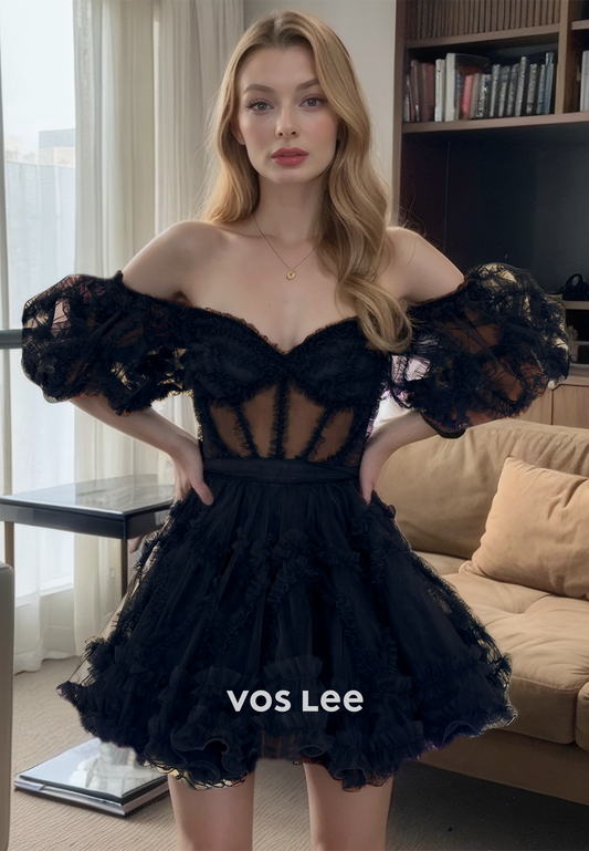 Luxurious Tulle Sweetheart Black Homecoming Dress Off-Shoulder A-Line Corset Back Party Dress