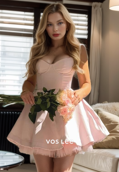 Pretty Baby Pink Sweetheart Satin Cocktail Dress Spaghetti Straps A-Line Homecoming Dress