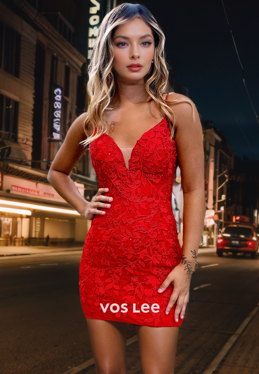 Graceful V Neck Spaghetti Straps Party Dresses Red Lace Short Homecoming Dress