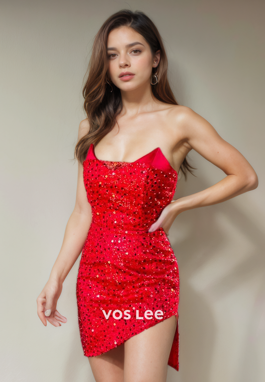 Sparkly Strapless Red Sequins Homecoming Dress