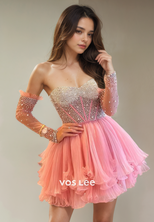 Luxurious Baby Pink Sweetheart Chiffon Homecoming Dress Beads Ruffled A-Line Short Party Gown