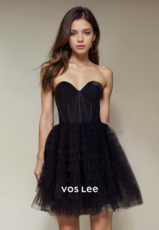 A-Line Pretty Sweetheart Tulle Party Dress Lace Up Tiered Fancy Homecoimg Dresses