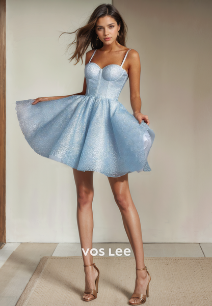 Sparkly A-Line Glitter Sky Blue Homecoing Dress Sweetheart Spaghetti Straps Elegant Party Short Dress