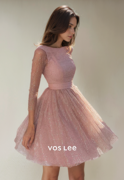 Pretty Scoop A-Line Tulle Backless Baby Pink Homecoming Dress with Long Sleeves