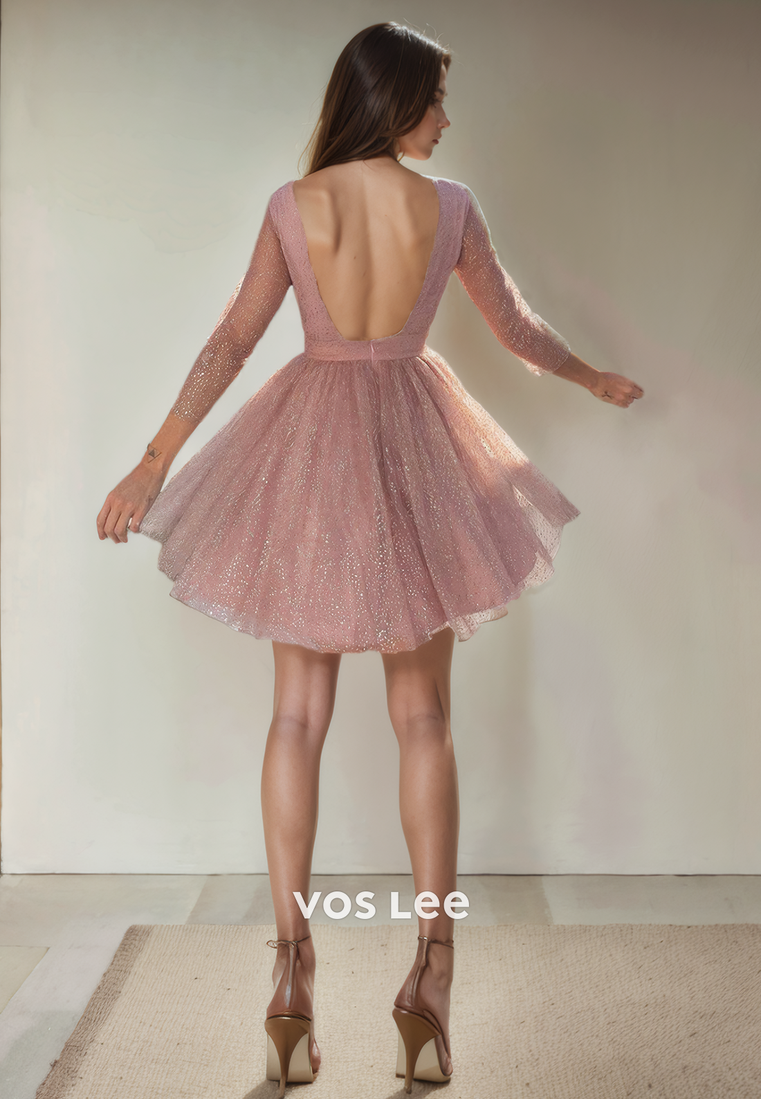 Pretty Scoop A-Line Tulle Backless Baby Pink Homecoming Dress with Long Sleeves