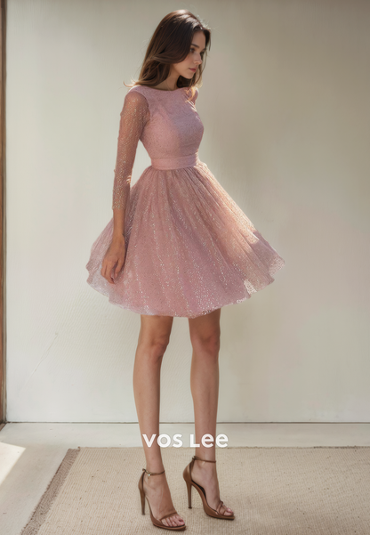 Pretty Scoop A-Line Tulle Backless Baby Pink Homecoming Dress with Long Sleeves