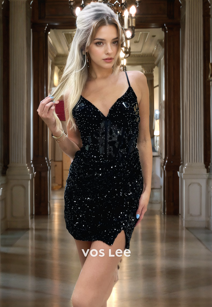 Classy Sparkly Fully Sequin Party Dress V-Neck Spaghetti Homecimng Dress