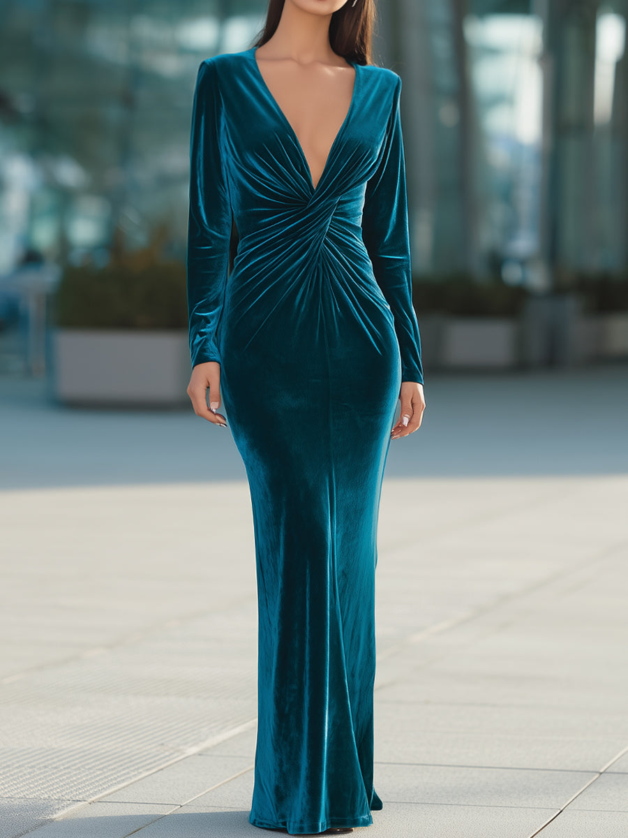 Teal Velvet Draped Evening Gown