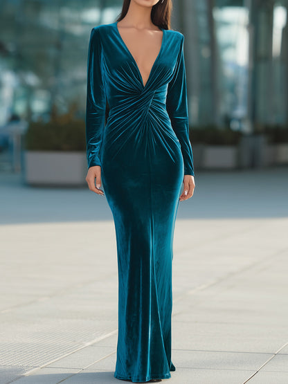 Teal Velvet Draped Evening Gown