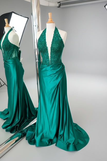 Halter Green Appliques Satin Ruched Prom Dress