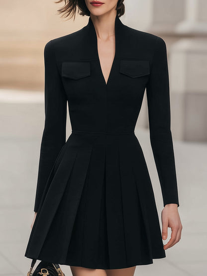 Chic Black Long Sleeve Pleated Mini Dress With Structured Collar