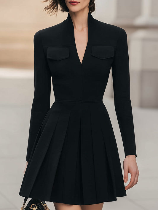 Chic Black Long Sleeve Pleated Mini Dress With Structured Collar
