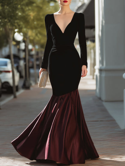 Colorblock Velvet And Satin Mermaid Gown