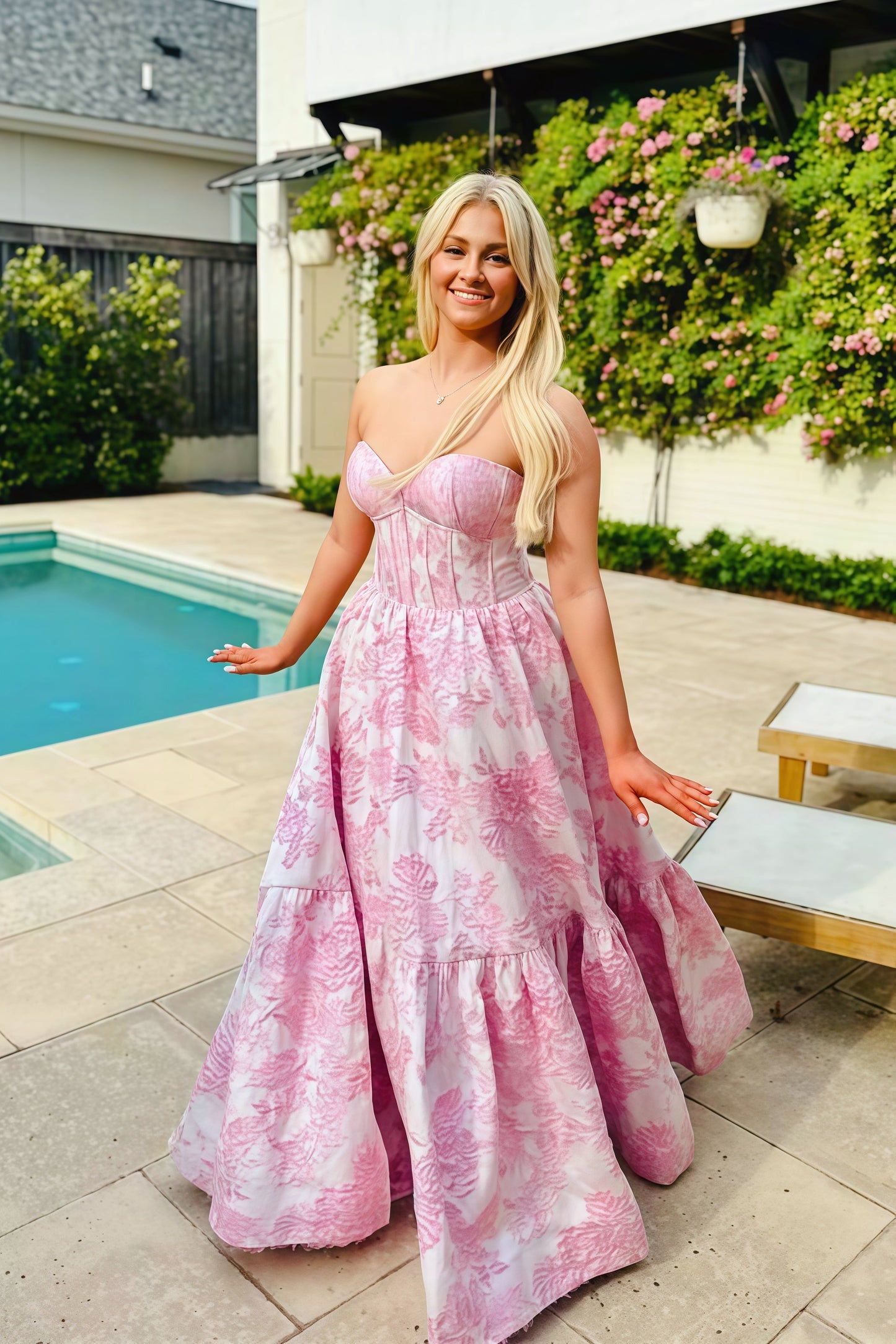 Sweetheart Pink Floral A-line Prom Gown