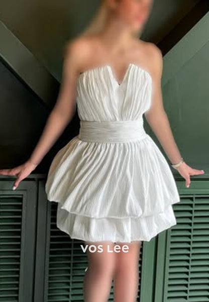A-Line V Neck Strapless Corset Pleated Satin Short Homecoming Dresses