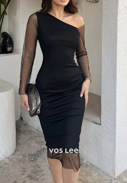 Long Sleeve One Shoulder Knee-Length Mermaid Wedding Guest Dresses