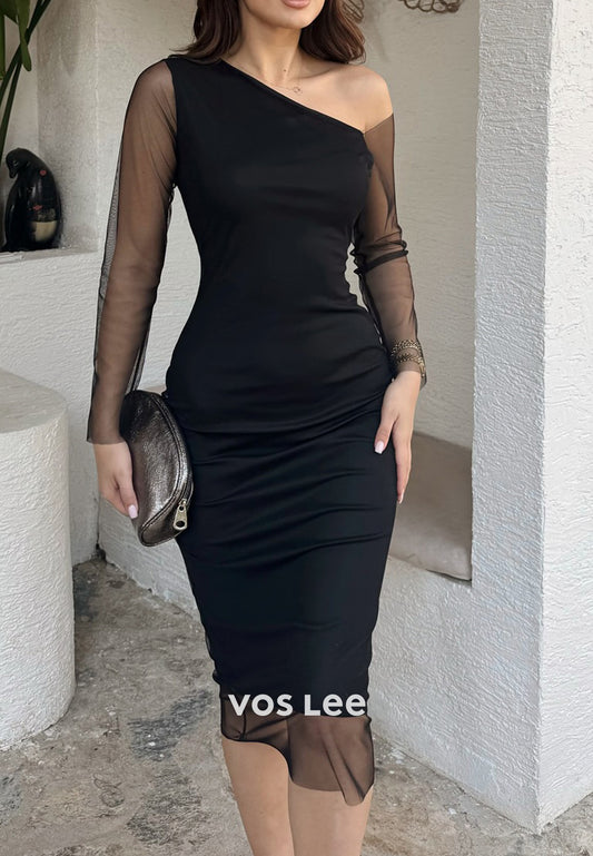 Long Sleeve One Shoulder Knee-Length Mermaid Wedding Guest Dresses