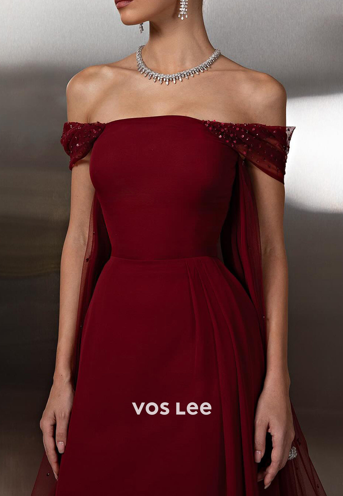 Burgundy - Off the Shoulder Appliques  Sequins Sheath Prom Dresses