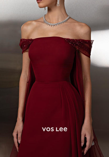 Burgundy - Off the Shoulder Appliques  Sequins Sheath Prom Dresses