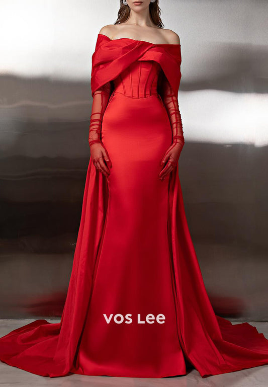 Red - Long Sleeve Off the Shoulder Mermaid Prom Dresses with Court Train