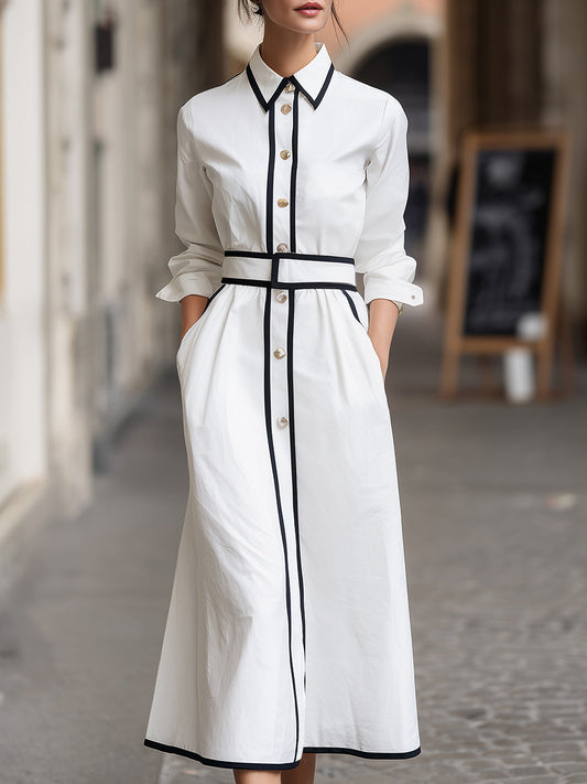 Stylish Contrast Trim Belted Shirt Dress