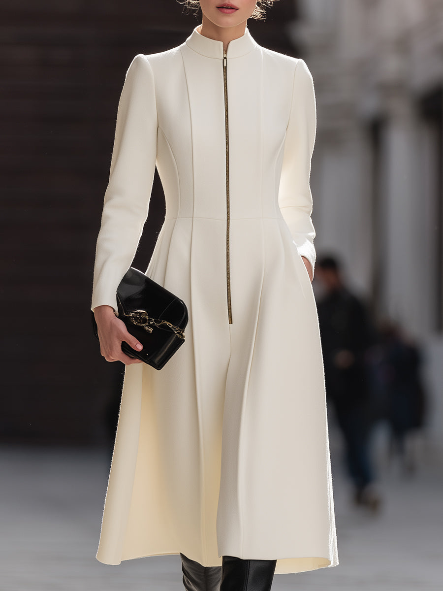 Ivory Zip-Front Midi Dress