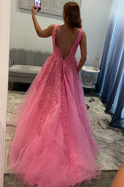 Charming A Line V Neck Pink Tulle Prom Dress with Appliques