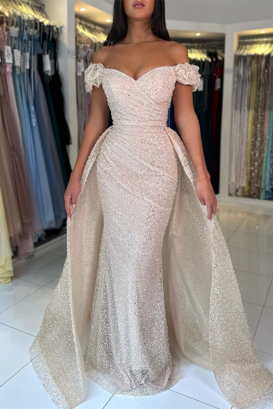 Off-the-Shoulder Sweetheart Evening Gowns Sequins Long With Detachable Overskirt