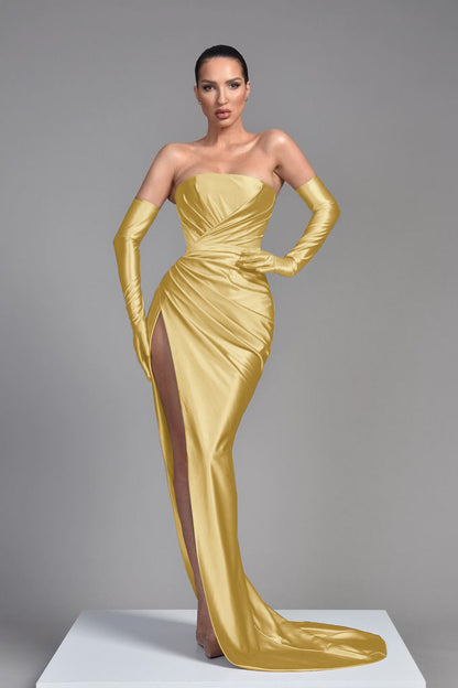 Champagne Evening Dress Half Sleeves With Pleated High Split