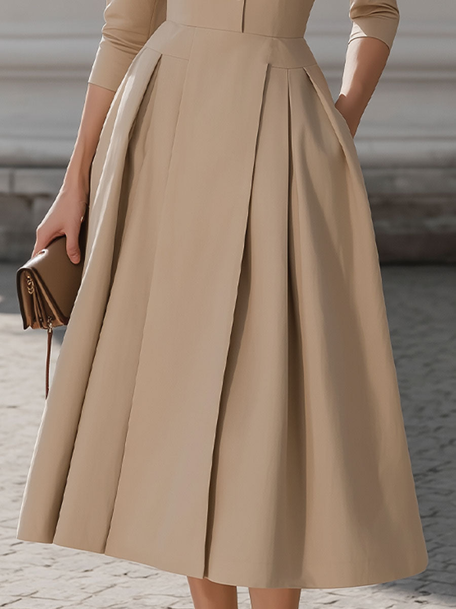 Beige Shirt-Collar Pleated Midi Dress