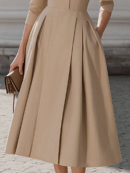 Beige Shirt-Collar Pleated Midi Dress