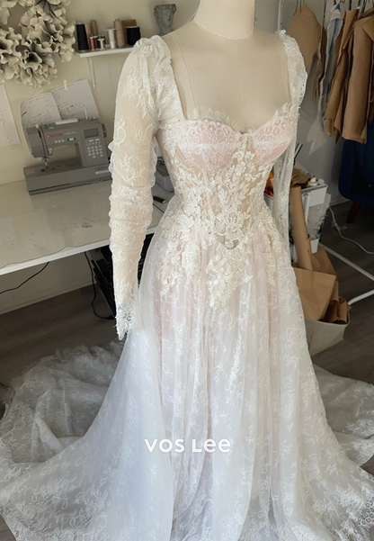 A-Line Long Sleeve Sweetheart Appliques Lace Wedding Dresses with Court Train