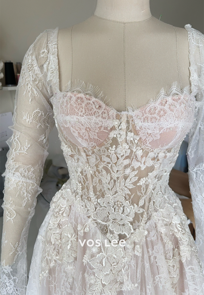 A-Line Long Sleeve Sweetheart Appliques Lace Wedding Dresses with Court Train